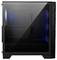 Boîtier d'ordinateur noir avec panneau latéral transparent, révélant l'intérieur sans composants, éclairé en bleu, adapté pour la construction de PC.