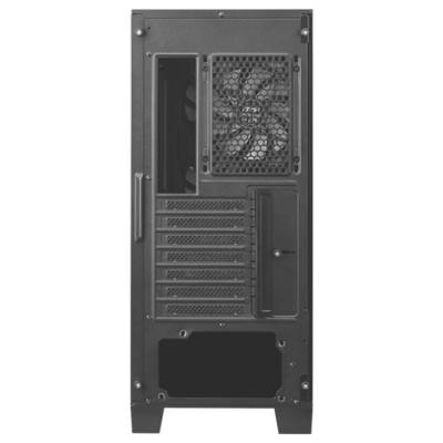 Un boîtier d'ordinateur noir vu de dos, avec une grille de ventilation et plusieurs emplacements pour cartes d'extension.
