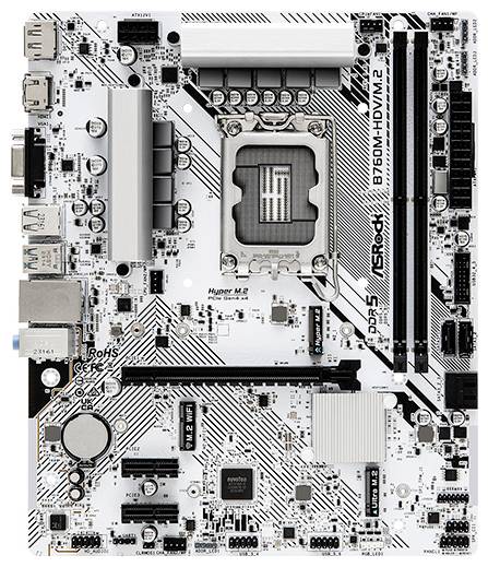 Système informatique : Carte mère blanche avec un socket processeur au centre, différents ports, des emplacements mémoire et des puces.