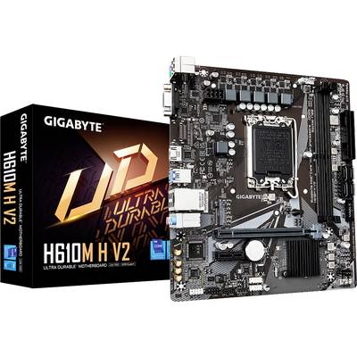 Carte mère Gigabyte, modèle H610M H V2, à côté de son emballage. Disposition montrant plusieurs connexions et composants visibles.