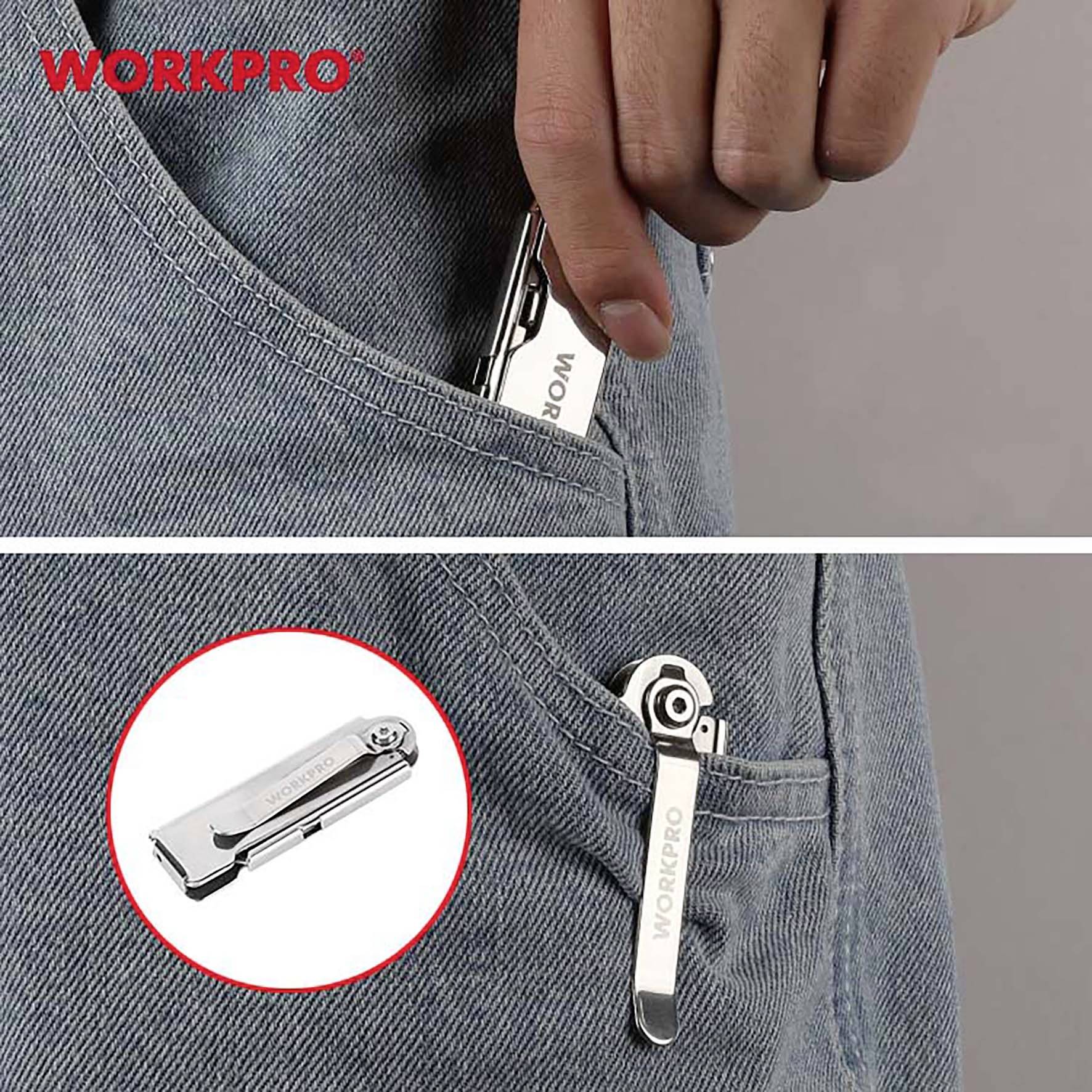Une main glisse un couteau pliant argenté de la marque 'WORKPRO' dans une poche de jean. Au premier plan, un gros plan détaillé du couteau.