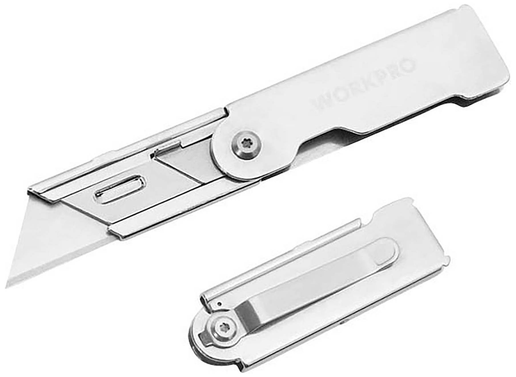 Couteau pliant en argent avec lame rétractable et clip.