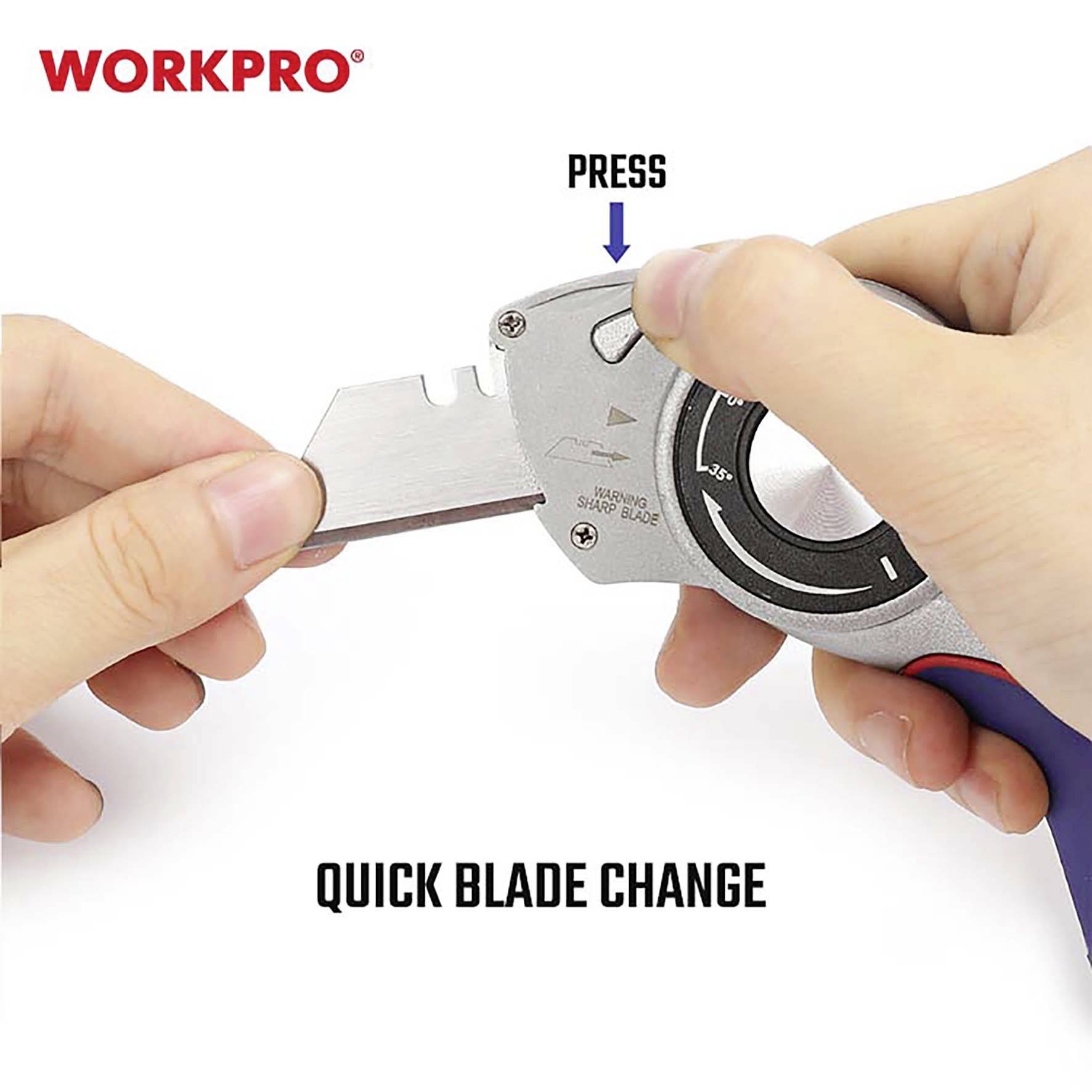 Une main tient un couteau pliant. Une flèche pointe vers la lame avec l'indication 'Press'. Texte sur l'image : 'Changement Rapide de Lame'.
