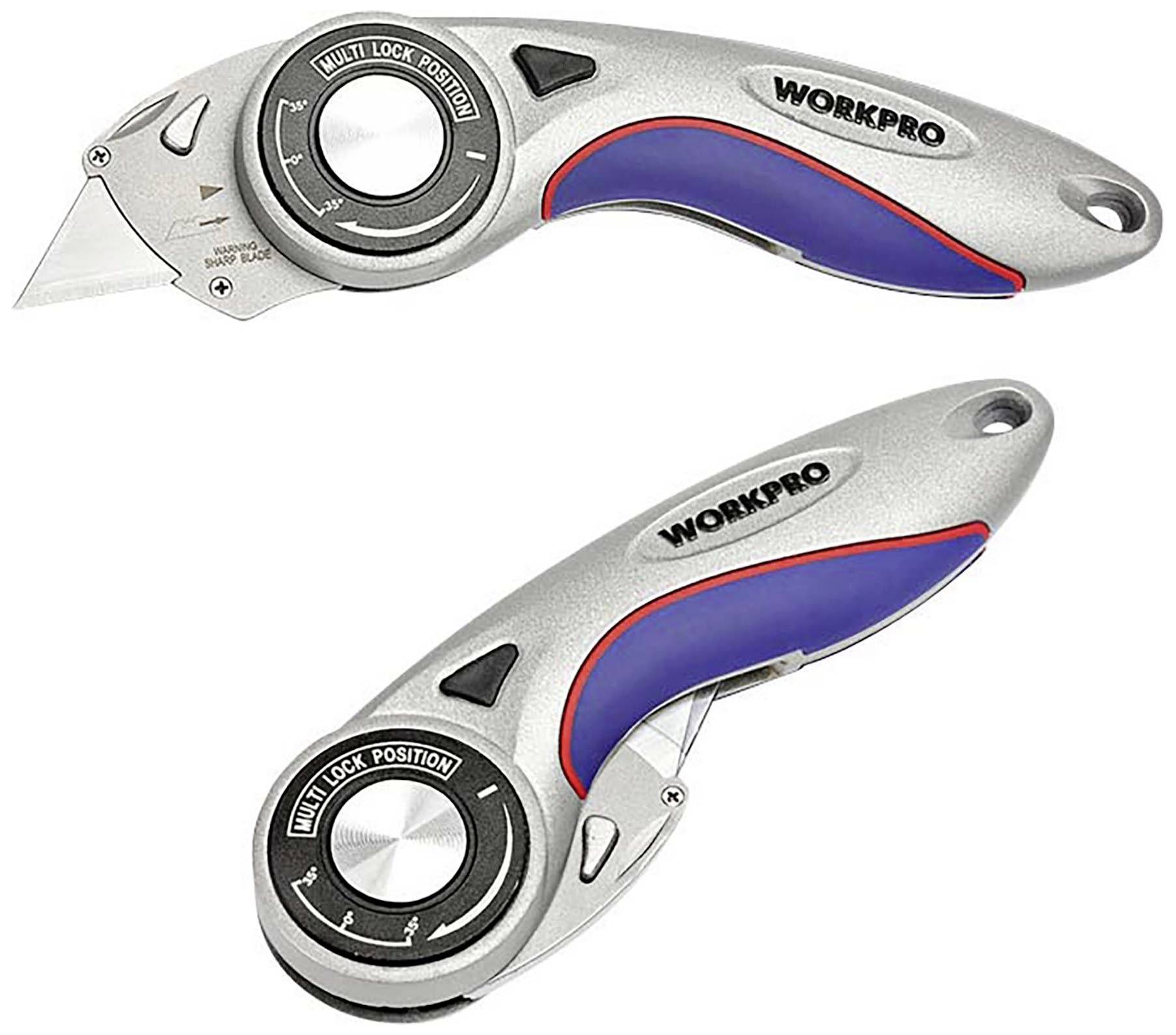 Couteau universel pliable en argent avec des poignées bleues, marqué 'WORKPRO', présentant un mécanisme de réglage de lame et un design ergonomique.
