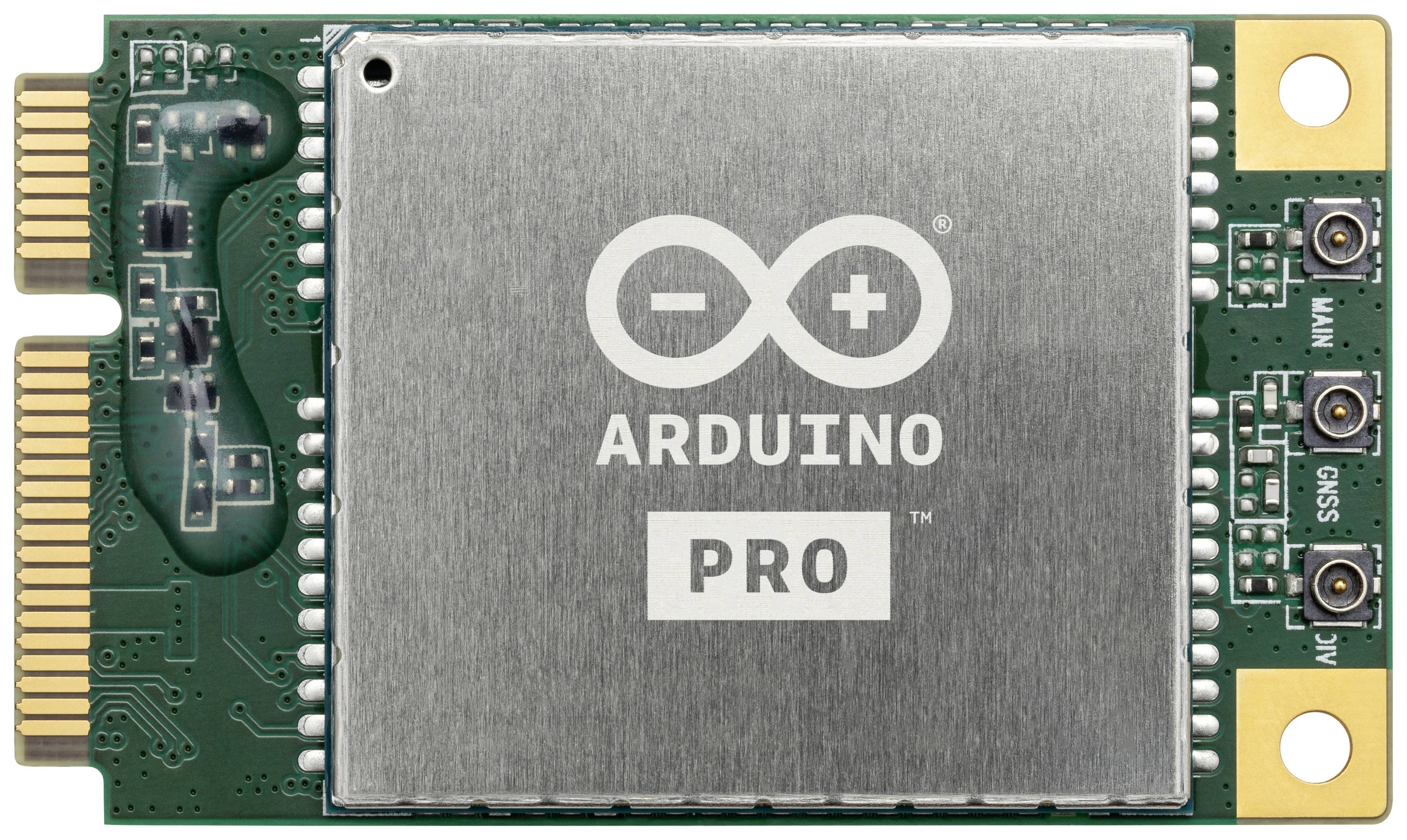 Module Pro Arduino avec circuit imprimé vert et boîtier métallique argenté au centre, portant l'inscription 'Arduino Pro'.