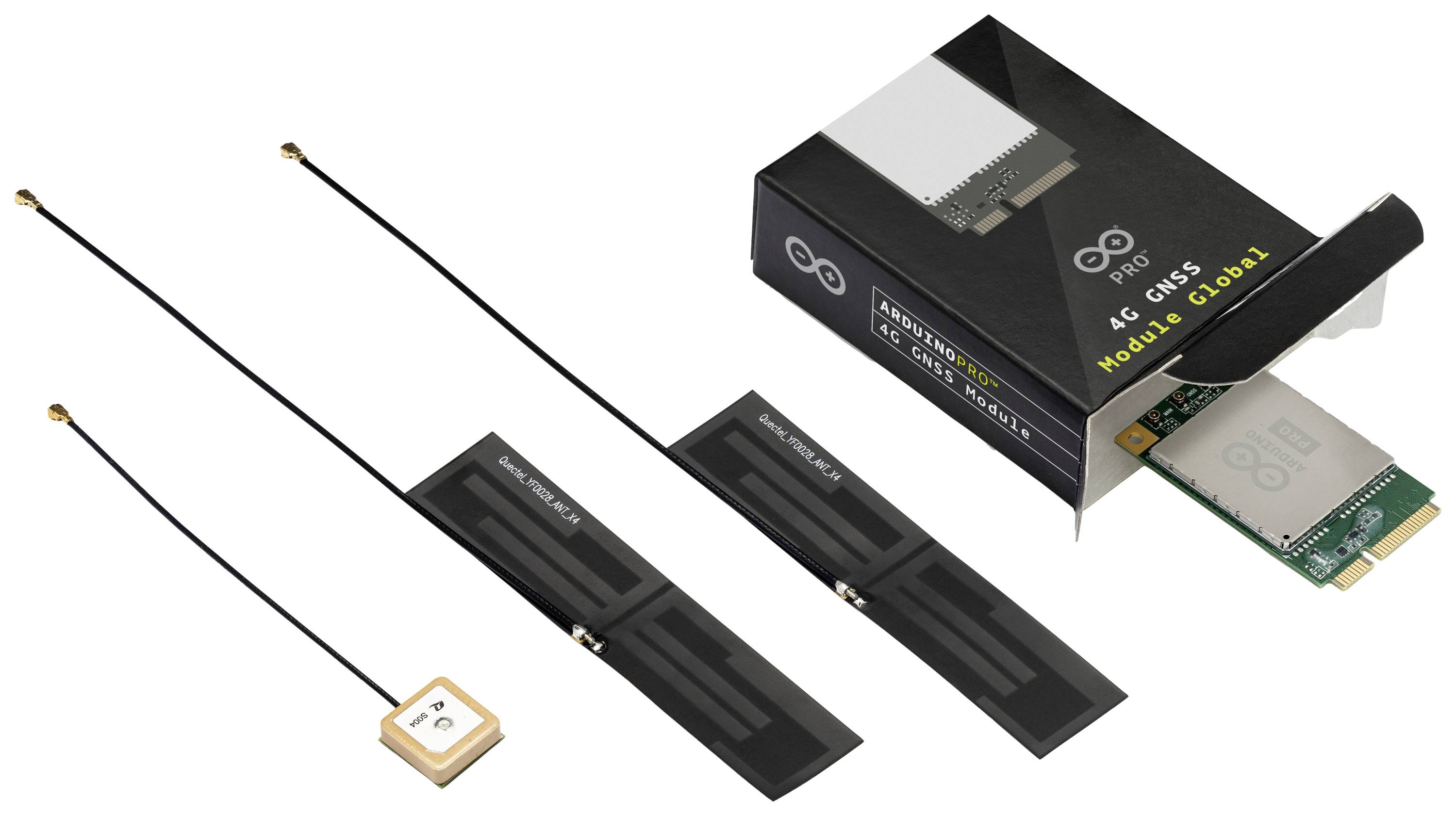 Arduino Pro 4G module avant et arrière avec antennes – présente des modules électroniques et des accessoires pour la connexion réseau 4G.