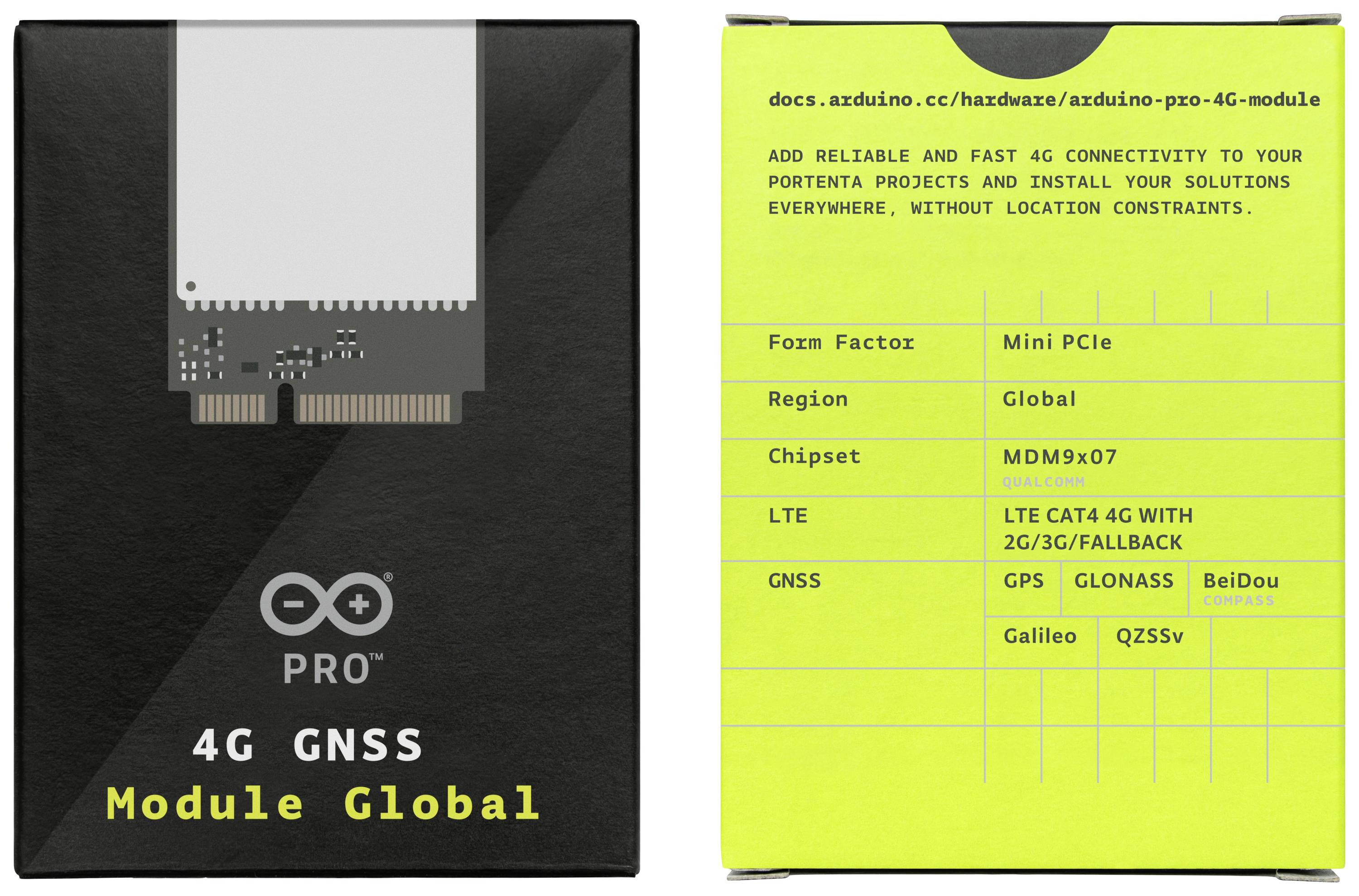 Module GNSS 4G Global : La face avant de l'emballage présente l'image du produit. La face arrière contient les détails techniques : Mini PCIe, puce globale, LTE CAT4 4G avec repli 2G/3G, compatible avec plusieurs systèmes GNSS.