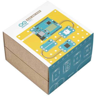 Boîte de kit électronique Arduino avec des illustrations de microcontrôleurs et de circuits électroniques sur un fond jaune, portant l'inscription 'Plug and Make Kit'.