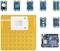 Ensemble Arduino avec une grande platine de capteurs jaune et plusieurs petits modules bleus représentant divers capteurs et connexions.