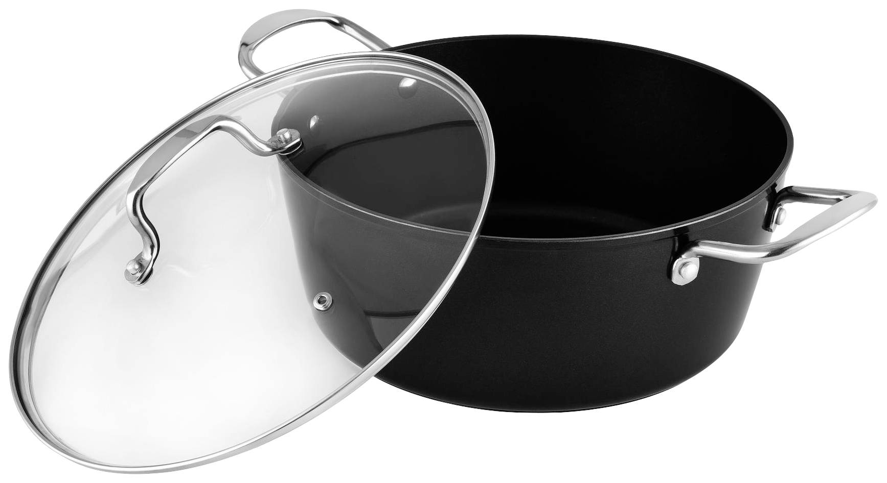 Un pot noir avec des poignées en argent et un couvercle transparent est légèrement incliné, laissant voir son espace intérieur.