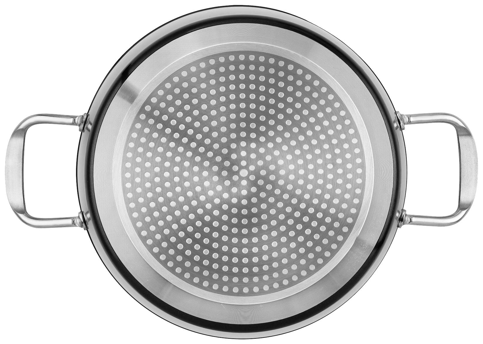 Vue de dessus d'un ustensile de cuisine en acier inoxydable à deux poignées, avec un fond perforé permettant l'égouttage des liquides, sur un fond blanc.