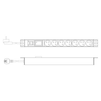 Illustration d'un bloc multiprise à six prises avec interrupteur, vue latérale et vue de dessus. Disposition des emplacements et fiches représentées.