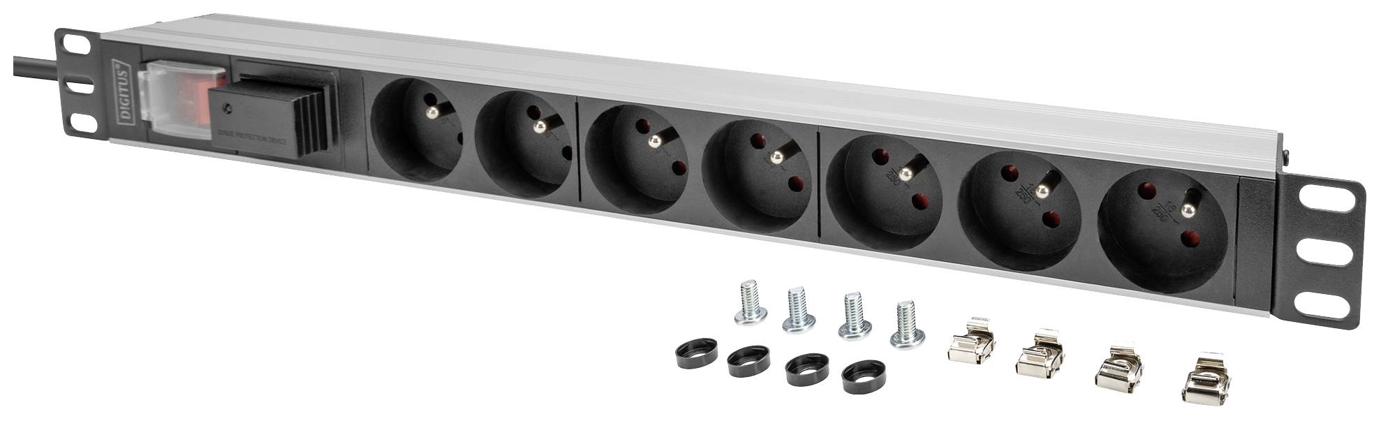 Bloc multiprises avec six emplacements noirs et interrupteur principal. Comprend le matériel de montage et une vis de fixation secteur.