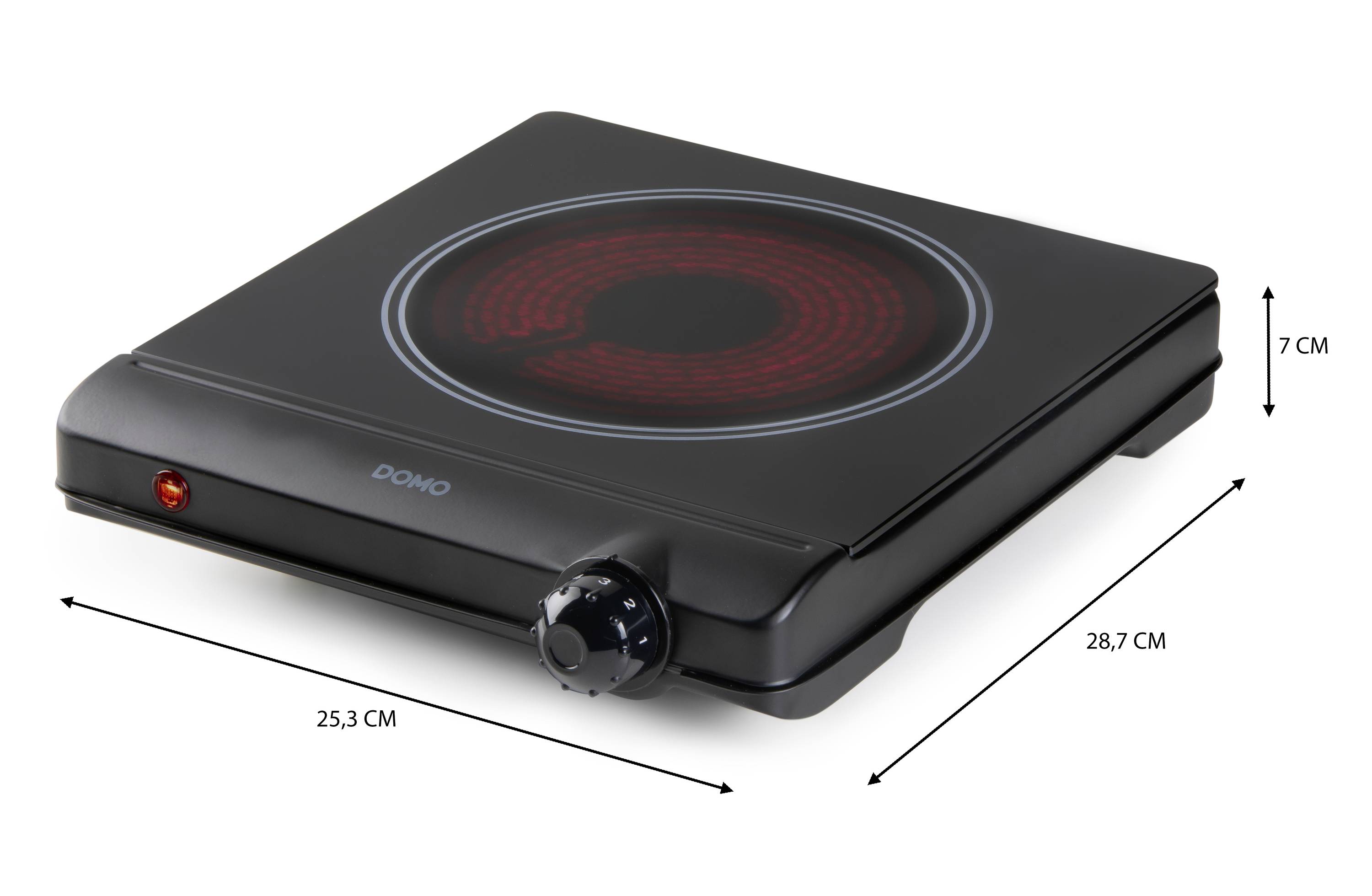 Plaque de cuisson électrique, noire, avec un anneau chauffant rouge au centre. Dimensions : 25,3 cm x 28,7 cm x 7 cm. Une molette de commande à l'avant.