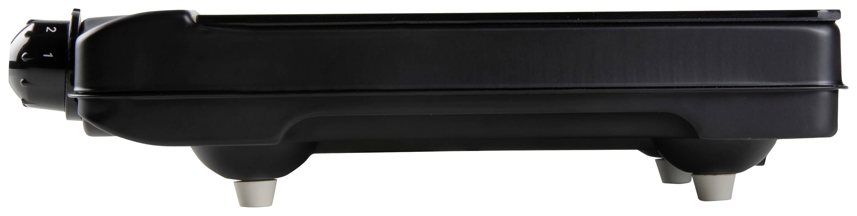 Vue latérale d'un four électrique noir avec des pieds réglables et un bouton rotatif à gauche à l'avant pour le réglage de la température.