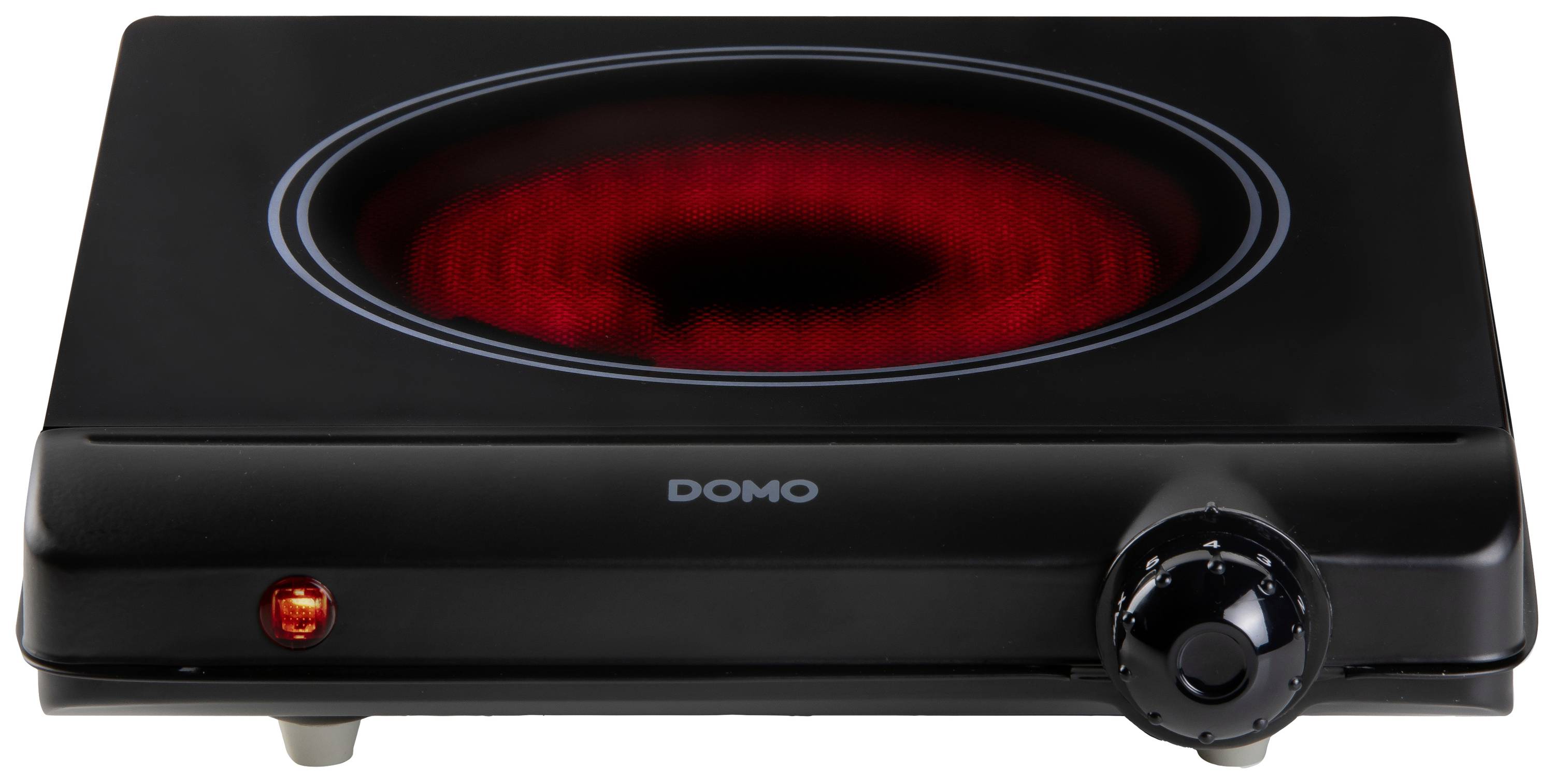 Plaque de cuisson avec surface de chauffe rouge, boîtier noir et bouton rotatif sur l'avant, avec le nom de marque 'DOMO' illustré.