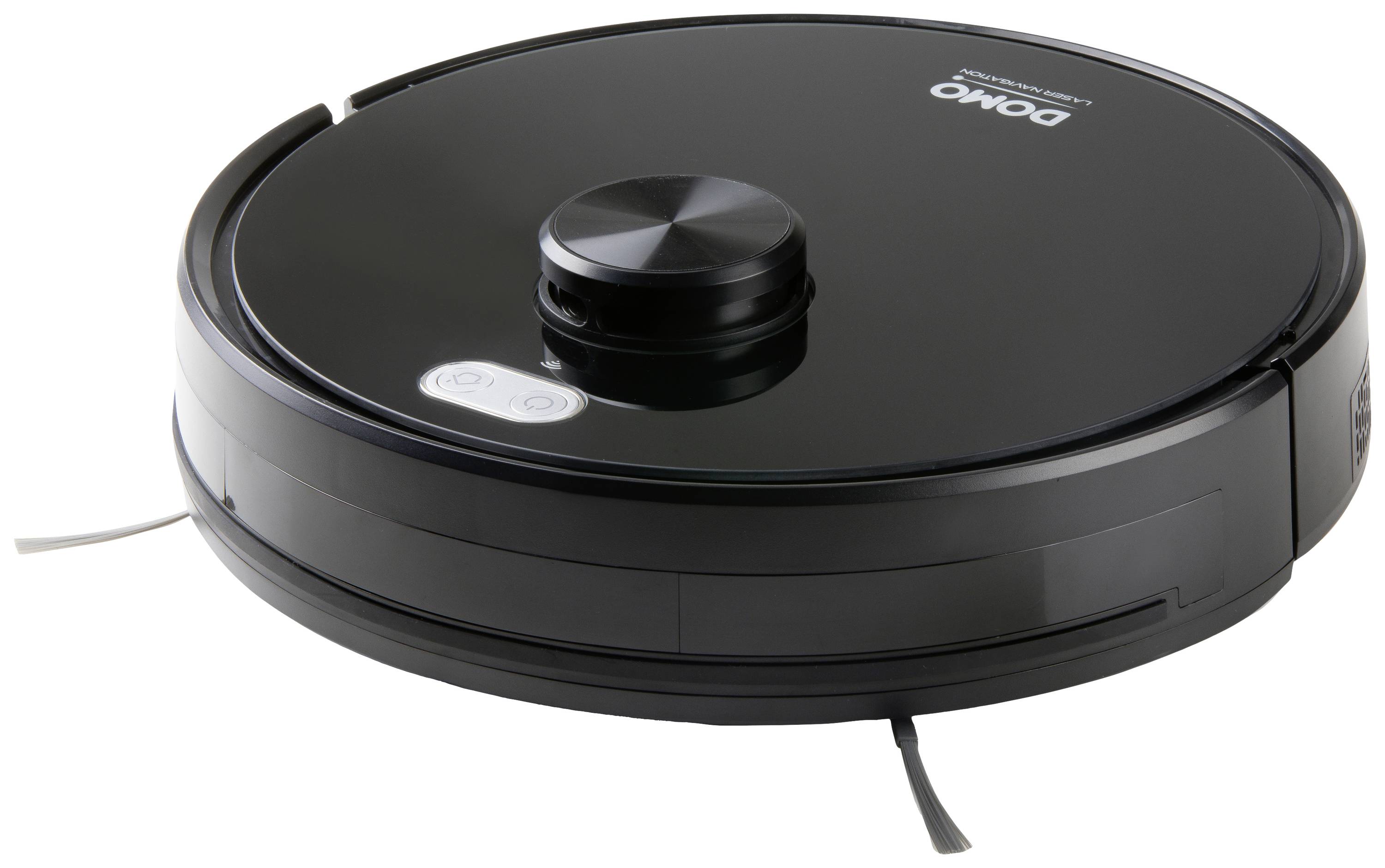 Un robot aspirateur noir brillant avec deux boutons visibles sur le dessus, adapté pour le nettoyage automatique des sols.