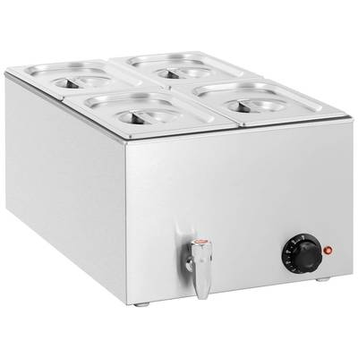 Bain-marie en acier inoxydable avec six bacs GN et robinet, régulateur de température sur le côté. Idéal pour buffets ou cuisines professionnelles.