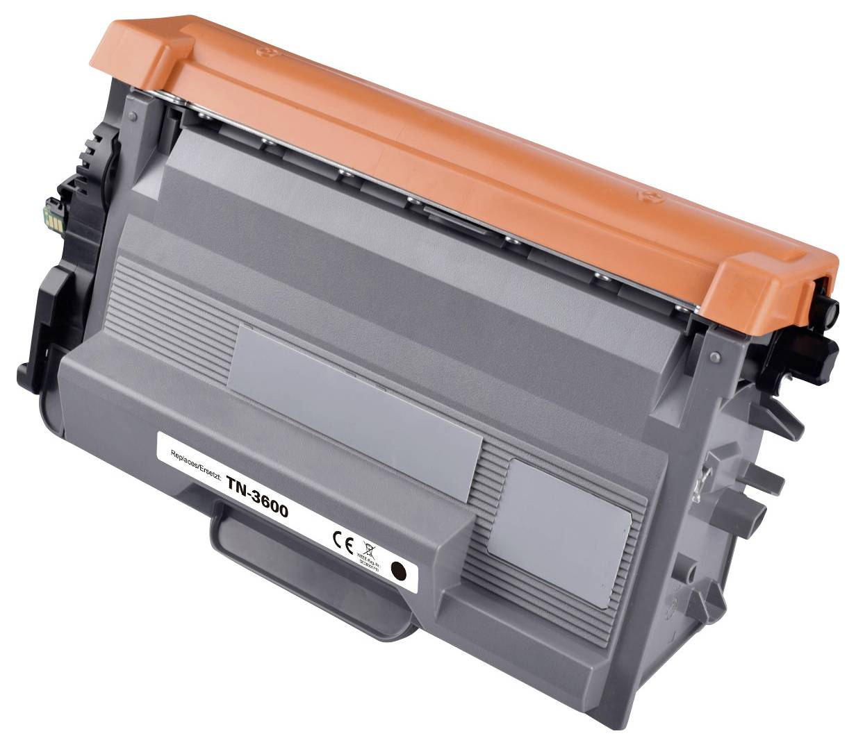 Un conteneur de toner gris et orange pour une imprimante, marqué 'TN-3600', est posé à plat sur une surface blanche.