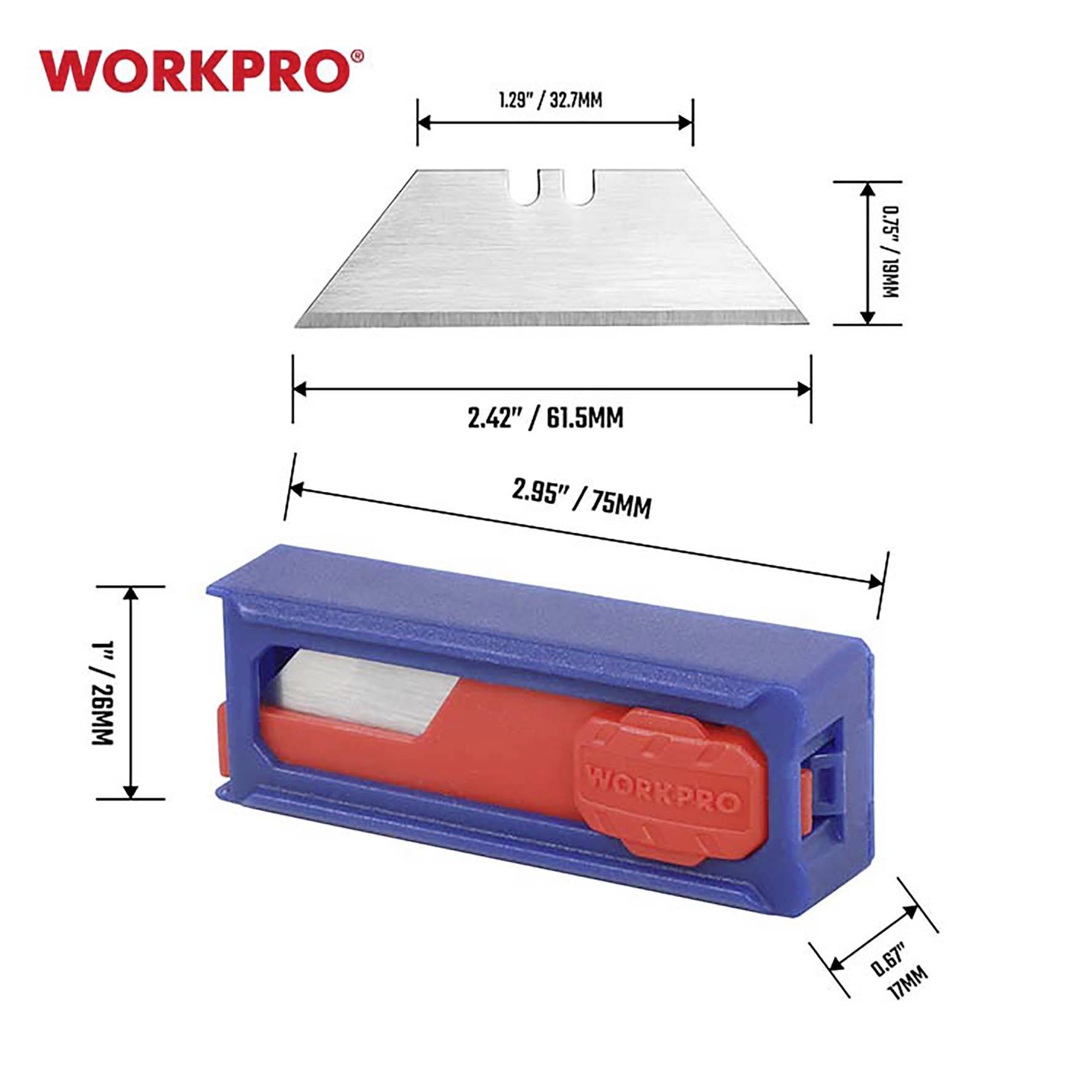 Ensemble de lames de coupe-bordure 'WORKPRO' avec lames de rechange rouges dans un support bleu. Dimensions : Lame 1,29 x 1,67 pouces, support 2,95 x 1,1 x 0,79 pouces.