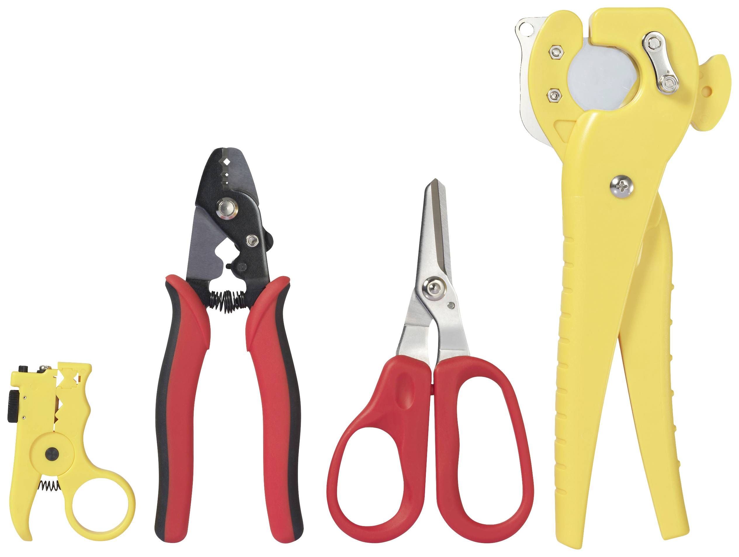 Divers outils manuels : un coupe-fil, une pince à dénuder, des ciseaux et un autre outil jaune disposés côte à côte.