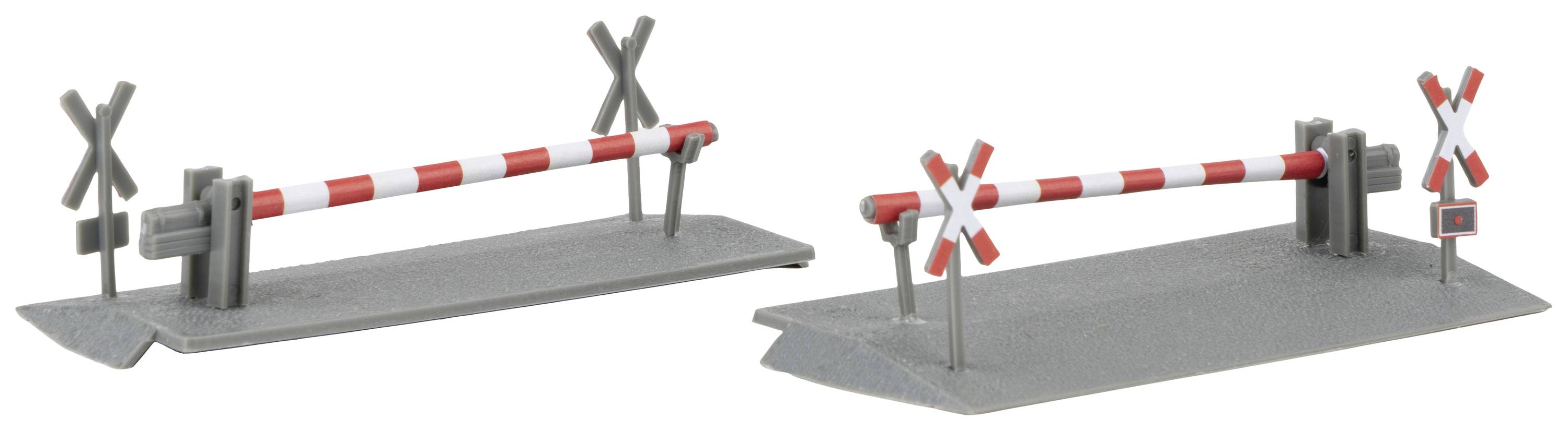 Deux barrières de passage à niveau en gris avec des bandes rouges et blanches, se fermant sur une base grise, symbole des passages à niveau.