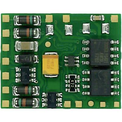 Petite carte électronique verte avec plusieurs composants électroniques, comprenant des résistances, des condensateurs et des puces.