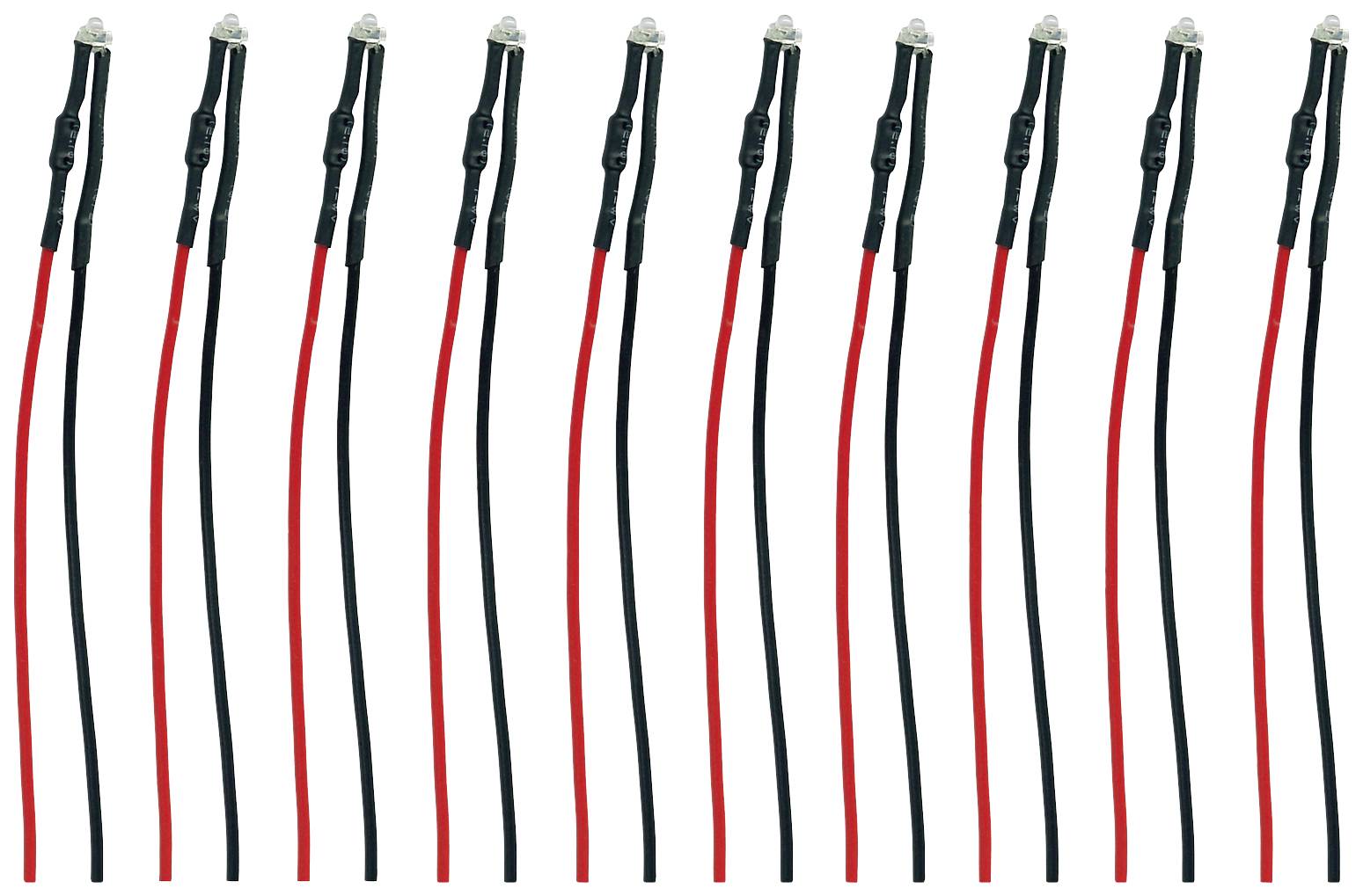 Dix câbles rouges et noirs, chacun équipé d'une LED à une extrémité. Les câbles sont disposés de manière uniforme ; les LED sont apparentes.