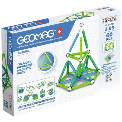 'Spielfeld Geomag Classic' pour enfants à partir de 3 ans, contient 60 pièces. Ensemble de tiges et de boules magnétiques pour la construction de formes tridimensionnelles.