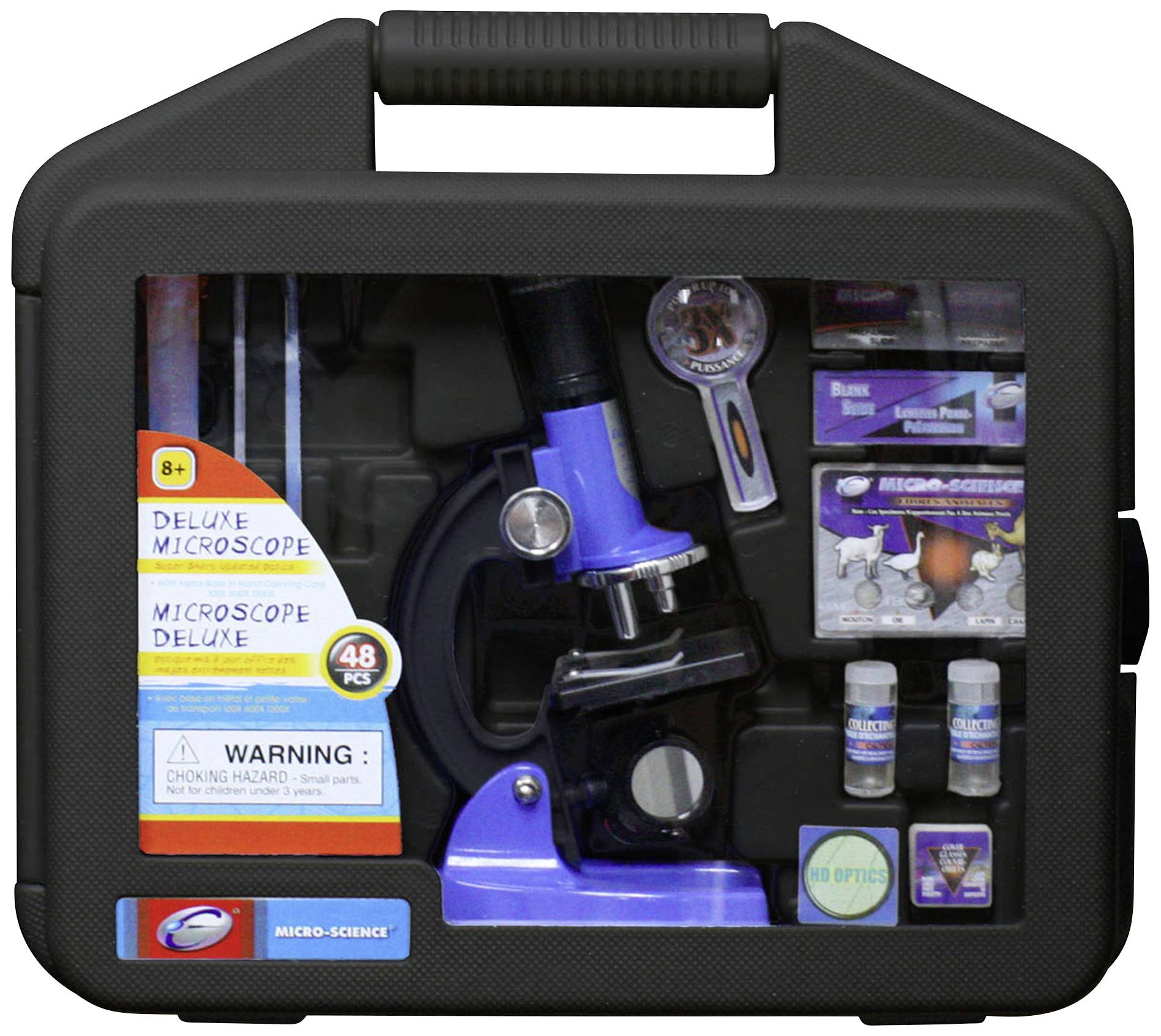 Un kit de microscope dans un étui noir avec poignée de transport. Comprend des objectifs, des préparations et une notice. Convient aux enfants à partir de 8 ans.