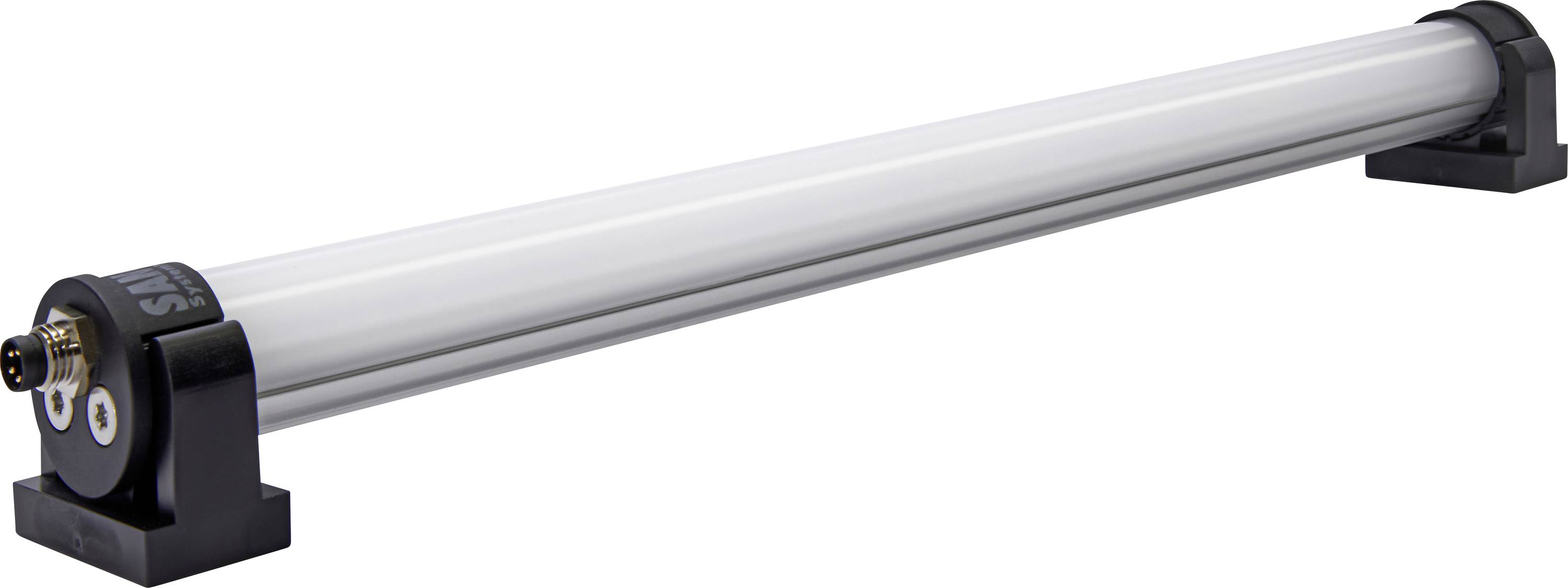 Longue lumière LED cylindrique dans un boîtier argenté avec des supports de fixation noirs aux deux extrémités, sur un fond blanc.
