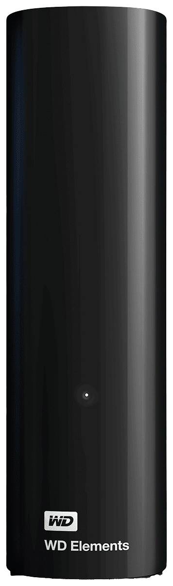 Un boîtier externe de disque dur noir de la marque 'WD Elements', posé verticalement, avec un voyant LED discret sur l'avant.