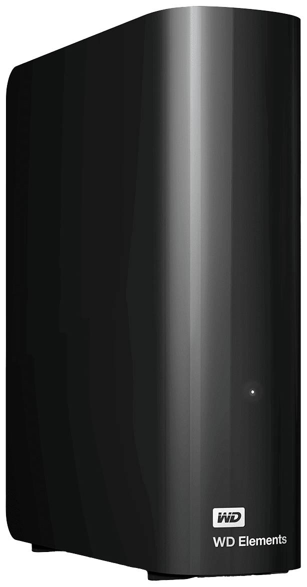 Disque dur externe noir avec le logo de marque 'WD Elements'. Adapté au stockage et à la sauvegarde de données.