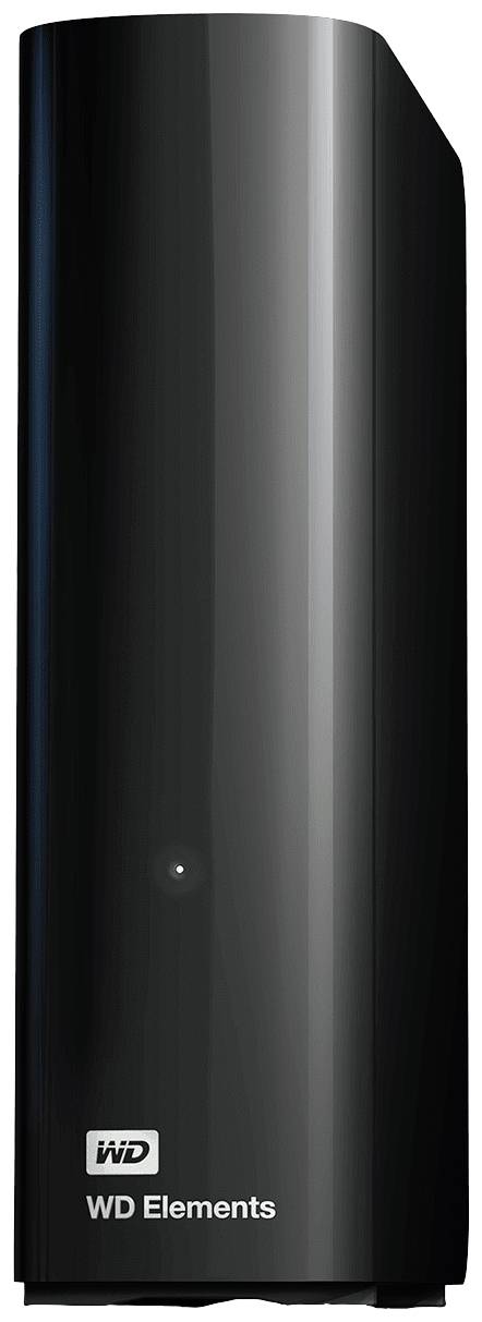 Disque dur externe WD Elements, boîtier noir avec indicateur LED, position verticale.