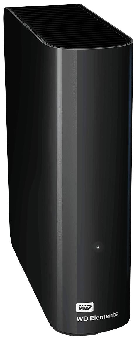 Disque dur externe, noir, posé verticalement, portant l'inscription « WD Elements » en bas.