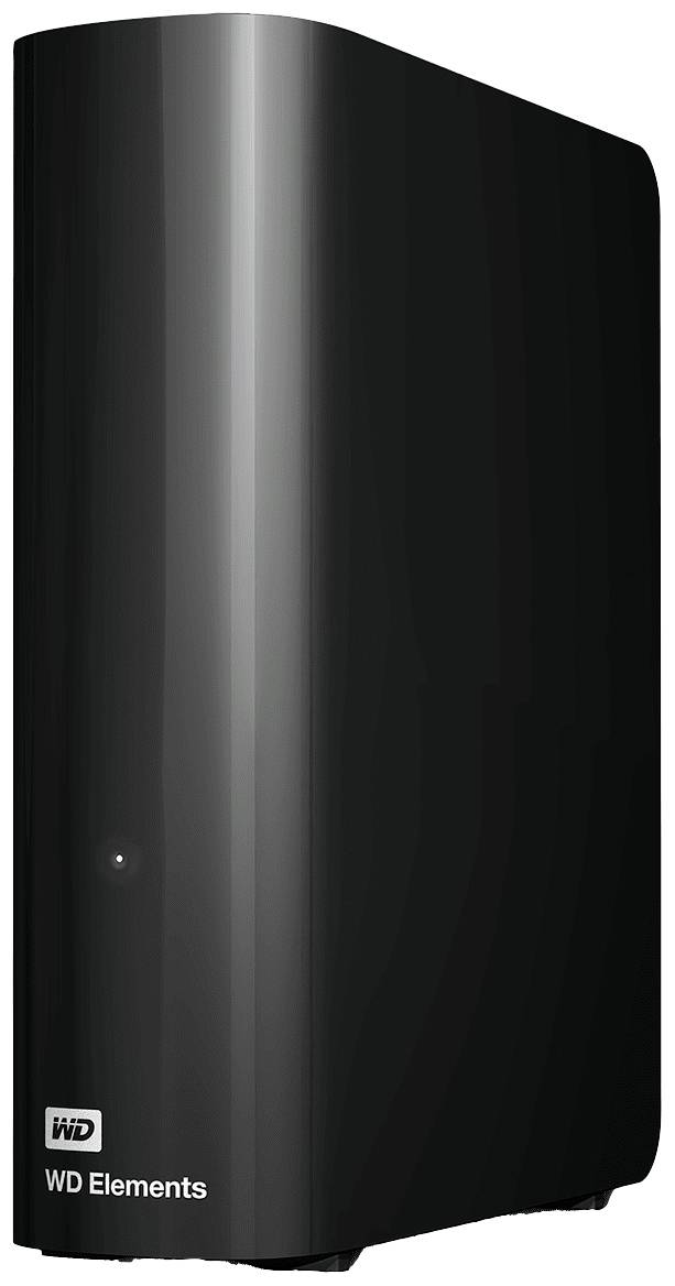 Disque dur externe dans un boîtier noir avec le logo 'WD Elements' en bas à gauche.