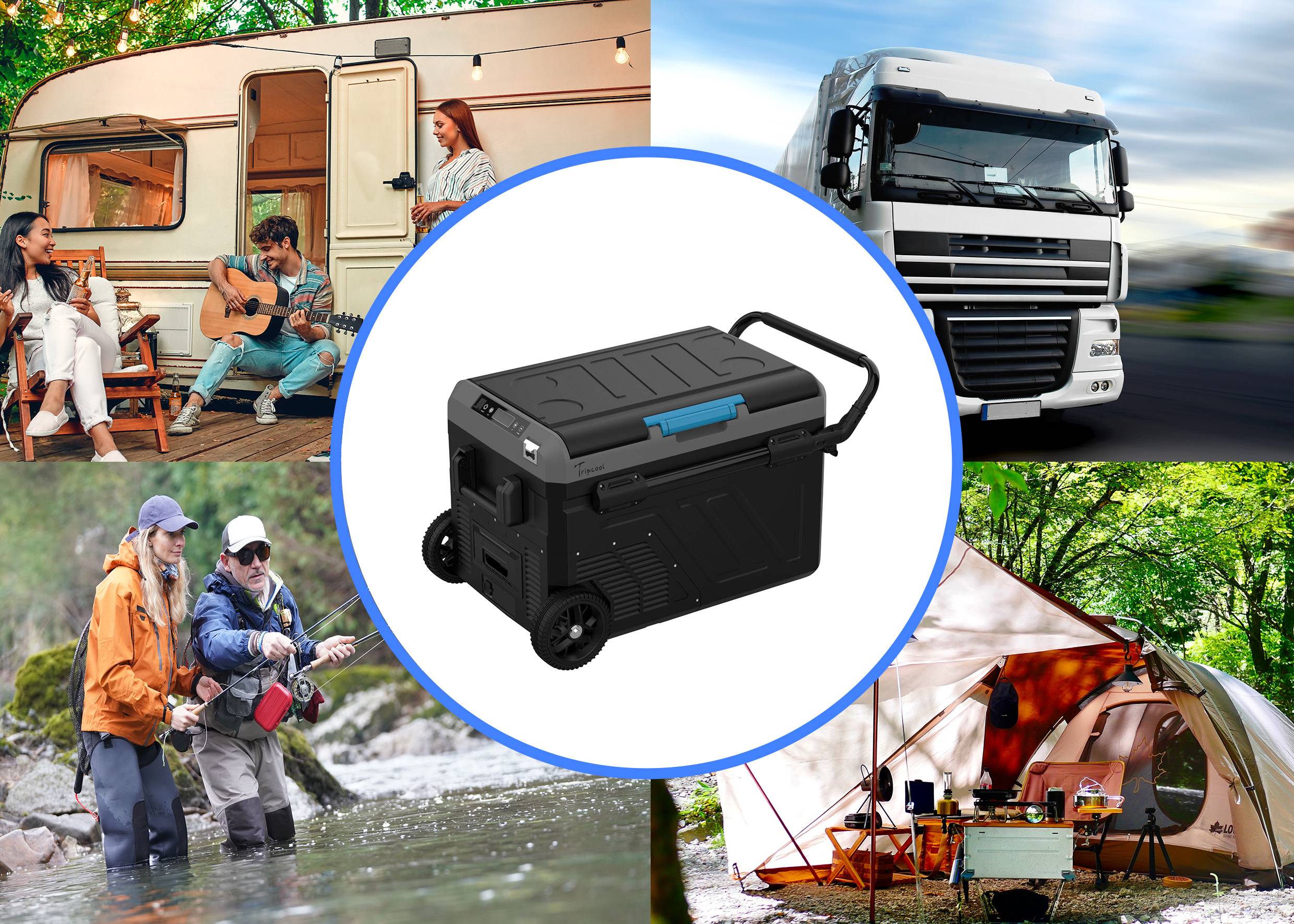 Glacière au centre, entourée d'images : Campeur avec guitare, routier, pêcheur au bord de la rivière et camping en forêt. Possibilités d'utilisation.