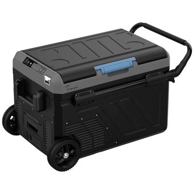 Réfrigérateur électrique portable avec roues et poignée, noir et gris, avec serrure bleue, idéal pour les voyages de camping.