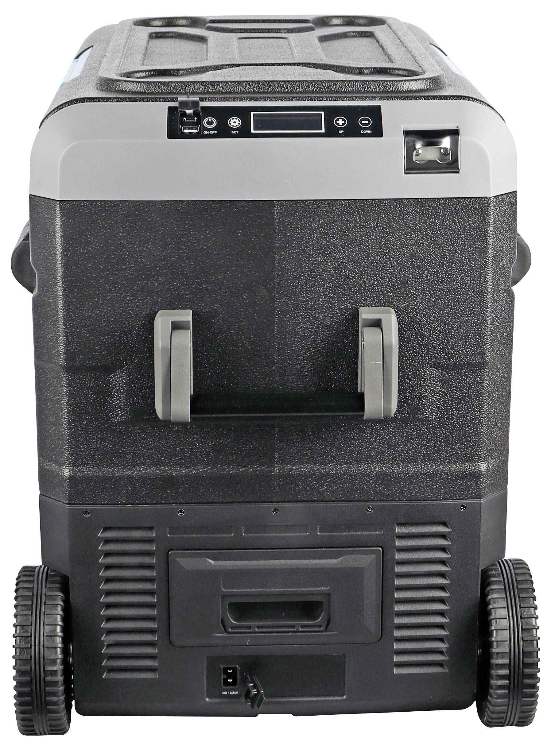 Réfrigérateur portable sur deux roues, avec un boîtier noir et des poignées grises. Panneau de commande et connexions visibles sur le dessus.
