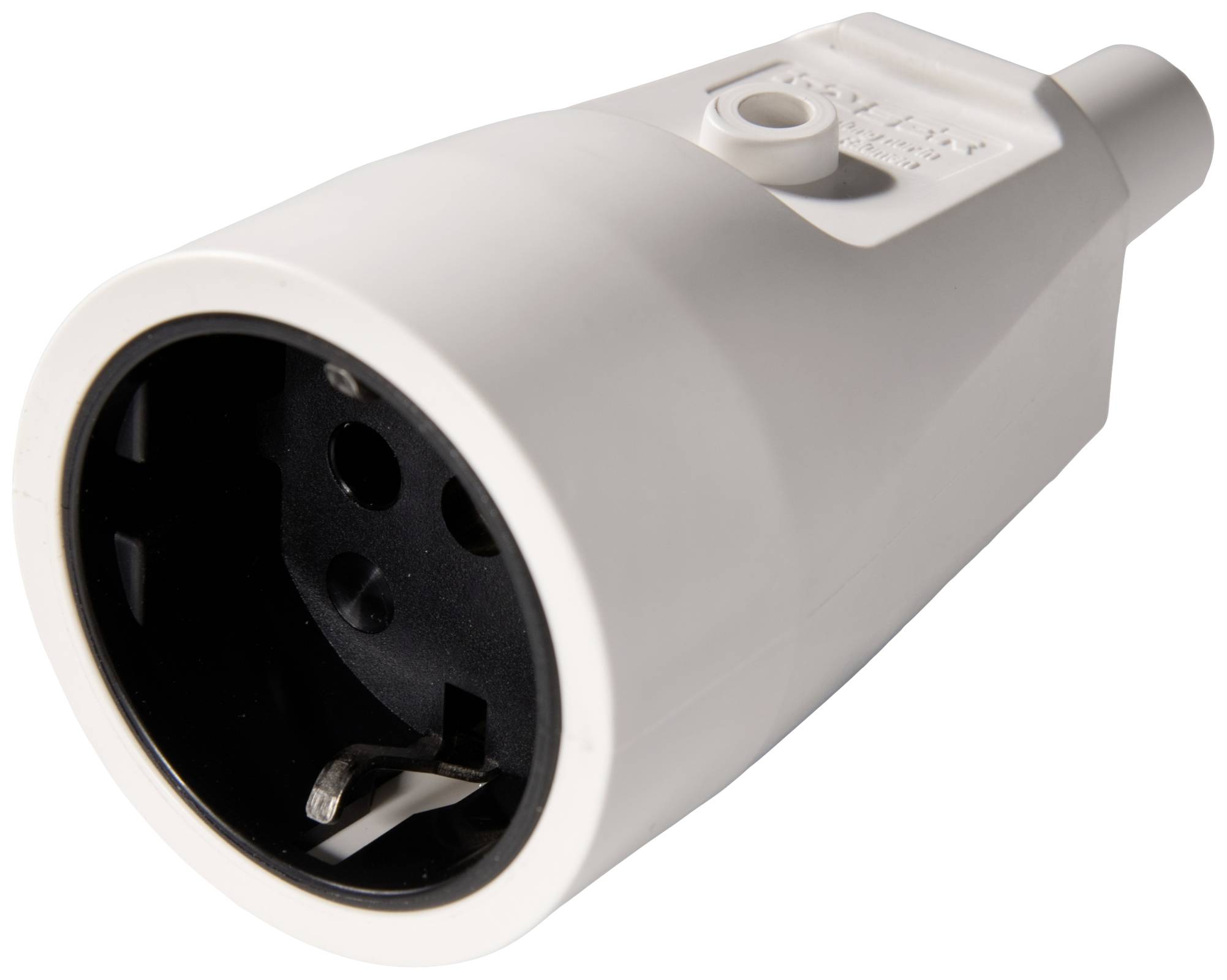Connecteur électronique blanc avec boîtier rond et deux trous pour prises électriques standard européennes.
