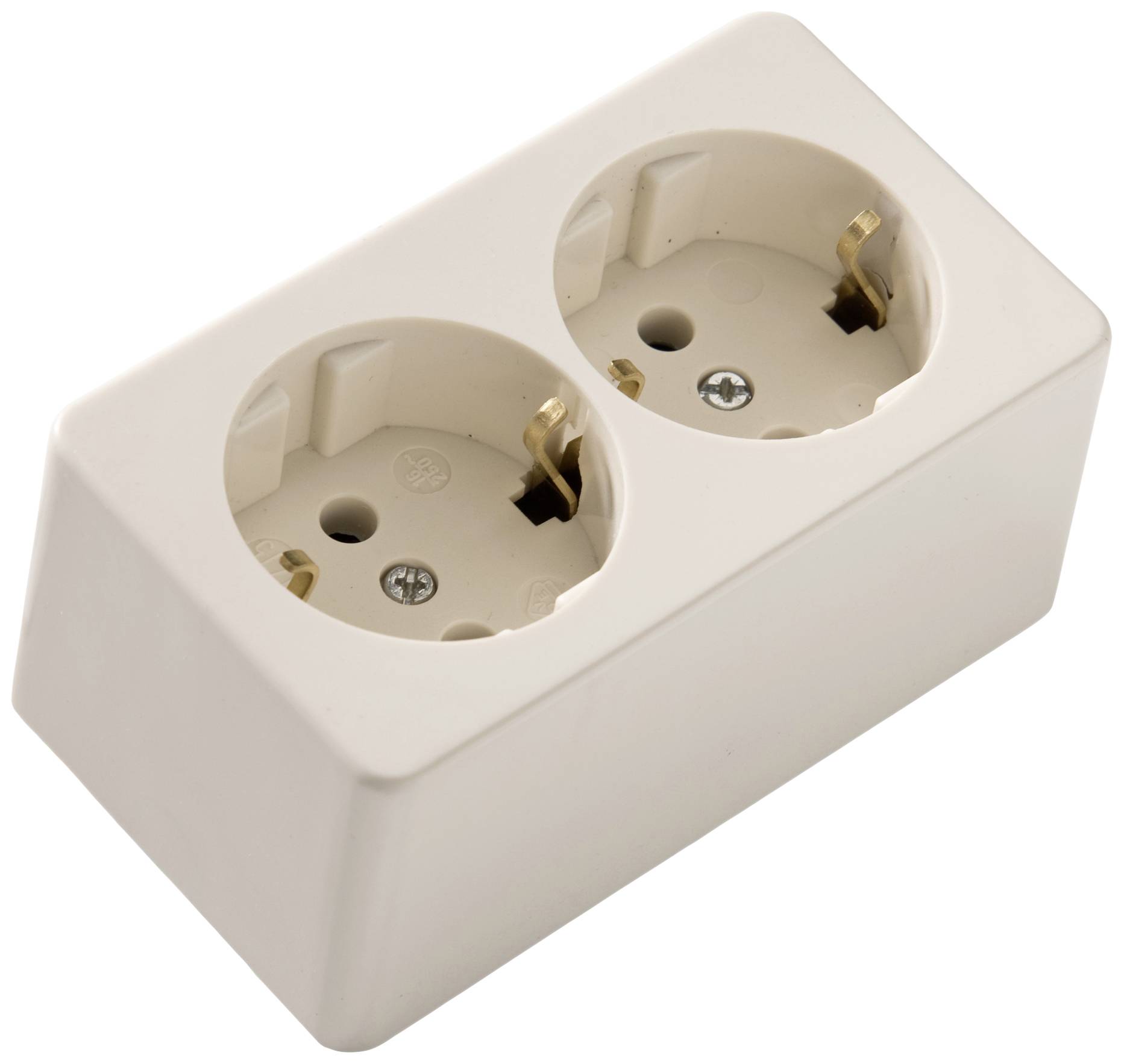 Deux prises électriques blanches dans un boîtier rectangulaire, adaptées aux fiches européennes.