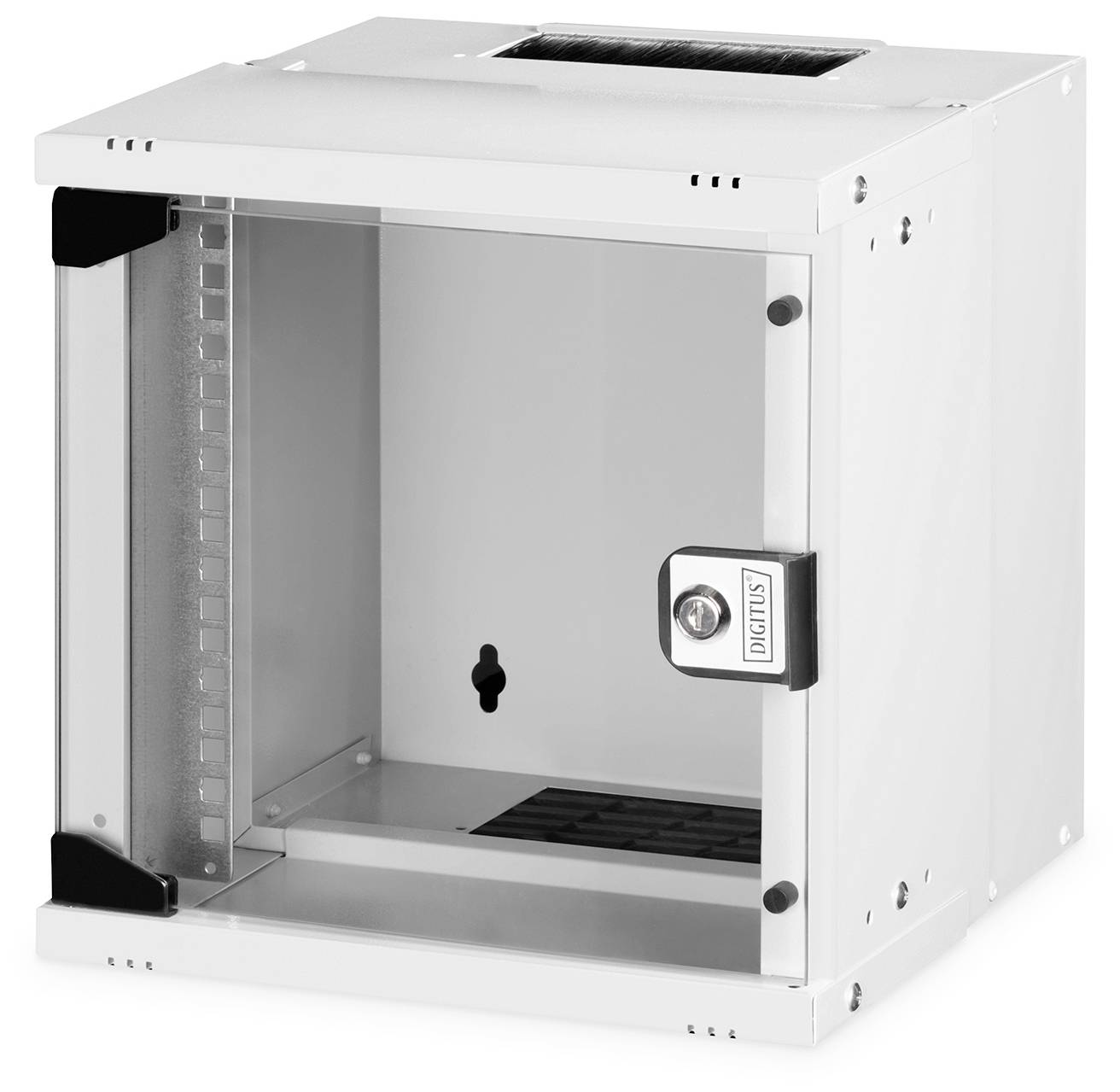 Armoire blanche avec porte en verre, serrure et ventilation. Idéal pour le stockage des équipements réseau dans les bureaux ou les salles de serveurs.