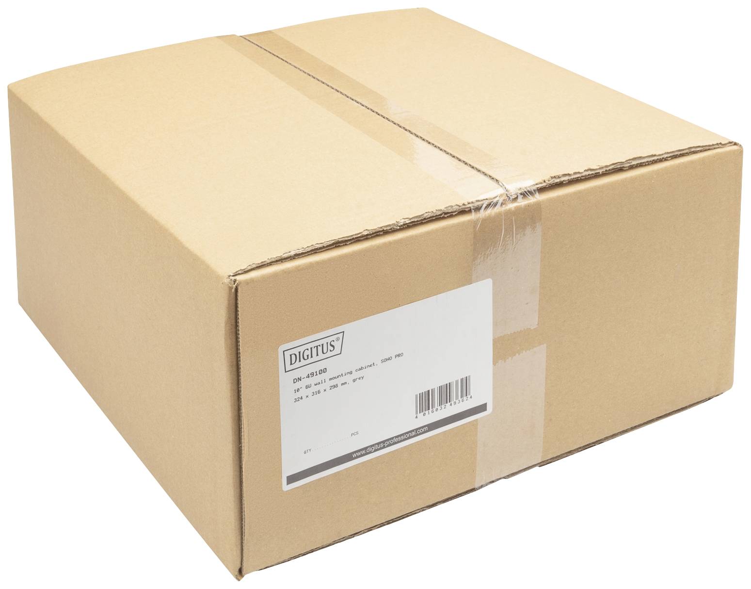 Un carton d'expédition brun avec une étiquette blanche sur le côté, affichant le texte 'DIGITUS' et d'autres détails du produit.