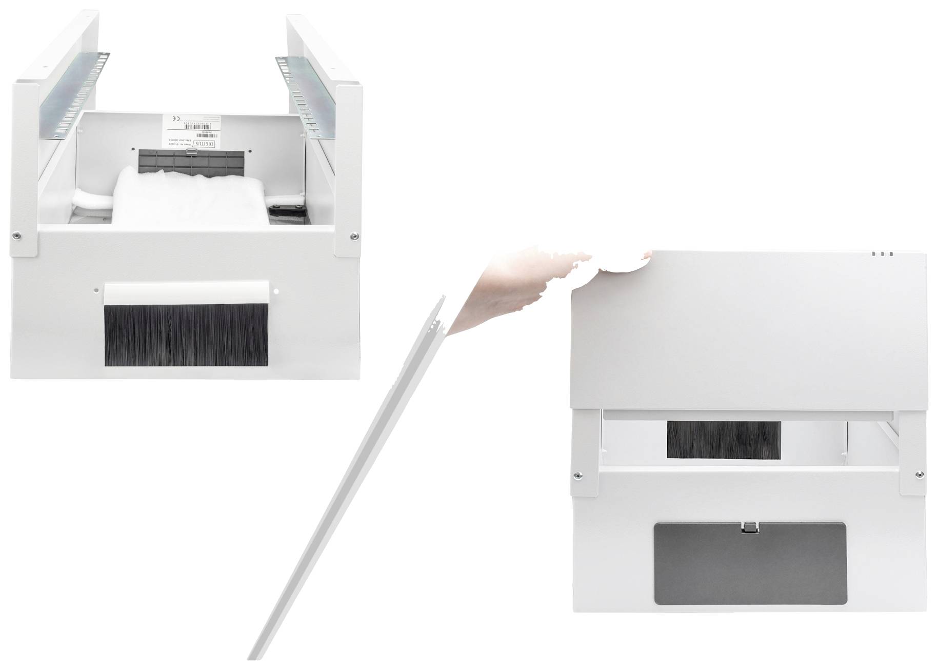 Un appareil avec fonction de nettoyage par brosse et fenêtre d'observation. À gauche : vue de face avec chiffon d'insertion ; à droite : vue arrière avec trappe ouverte.