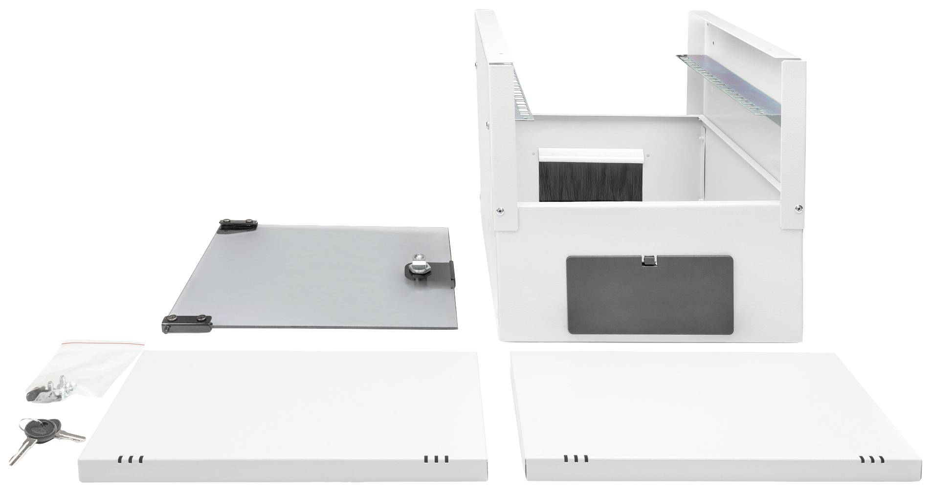 Coffre-fort de sécurité blanc en métal avec couvercle amovible, ouverture latérale d'insertion, deux clés et matériel de montage.