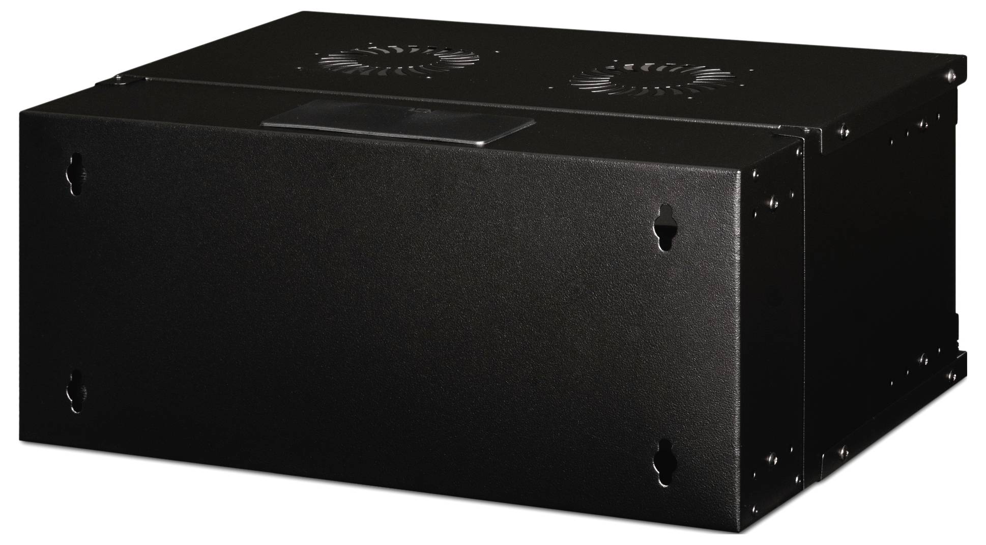 Boîtier métallique noir rectangulaire avec des trous de vis sur les bords ; probablement un appareil électronique, avec des fentes de ventilation en haut.