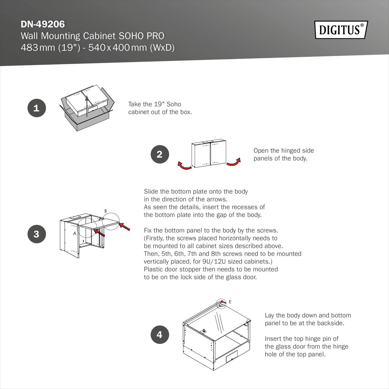 Armoire murale SOHO PRO. Instructions de montage de l'armoire, étape par étape avec des images : Sortir l'armoire, ouvrir les côtés, coulisser la plaque, fixer l'armoire.