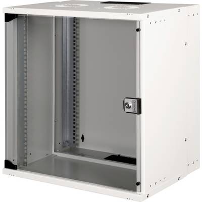 Un rack réseau métallique vide et ouvert, avec un boîtier blanc et une serrure noire sur la porte, destiné à accueillir des équipements informatiques.