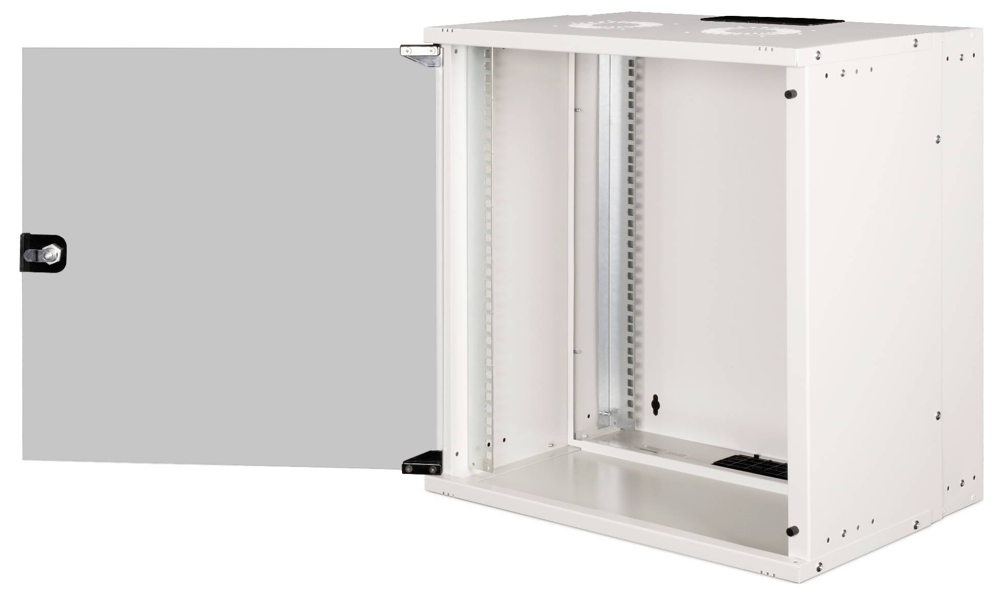 Armoire réseau blanche, ouverte, avec porte ouverte, montrant des rails intérieurs pour la fixation des équipements.