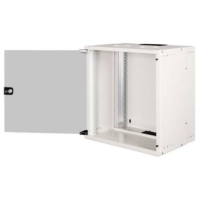 Armoire réseau blanche, ouverte, avec porte ouverte, montrant des rails intérieurs pour la fixation des équipements.